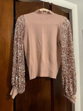Sequin Sleeve Turtleneck Sweater in Soft Pink